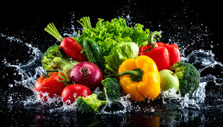 Fresh vegetables with water splash on black background. Healthy food concept.の素材