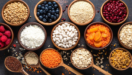 Healthy food ingredients on dark stone background. Superfoods.の素材