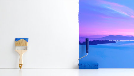 Paint brush on the wall with blue sky and mountains in the backgroundの素材