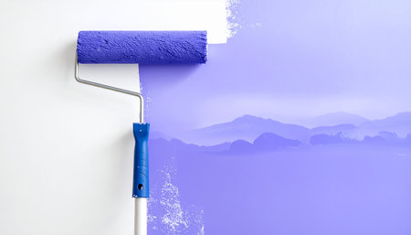 Painting the wall with a paint roller in blue and white.の素材