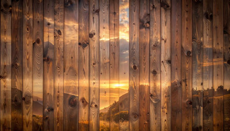Wooden wall with sunset sky background. Panoramic view.の素材