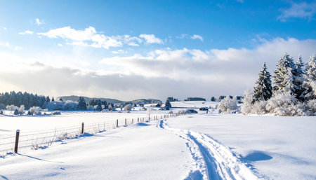 Winter rural landscape with snow covered trees and blue sky with clouds.の素材