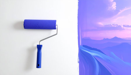 Paint rollers on a white wall with a blue sky backgroundの素材