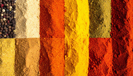 Colorful spices background. Spices and herbs on the table.の素材