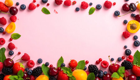 Fresh summer berries and mint on pink background. Top view, copy spaceの素材