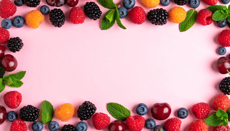 Mix of fresh berries on pink background with copy space. Top view.の素材