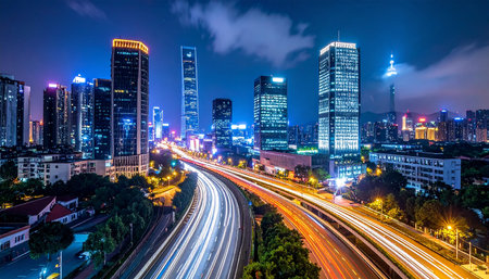 urban traffic with cityscape at night in shanghai,China.の素材