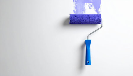 Paint roller with blue paint on a white wall. 3d renderingの素材