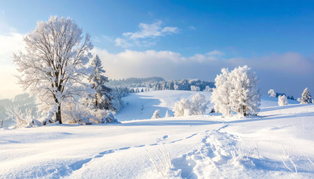 Winter landscape with snow-covered trees and blue sky at sunny dayの素材