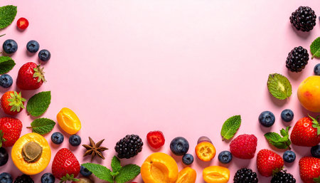 Healthy food concept. Fresh berries and fruits on pink background.の素材