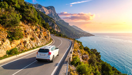 Car on the road to the sea at sunset in Montenegro.の素材