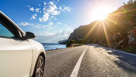 Car on the road on the background of sea and mountains at sunsetの素材