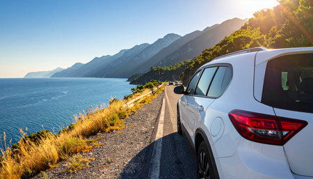 White car on the road to the sea on a background of mountainsの素材