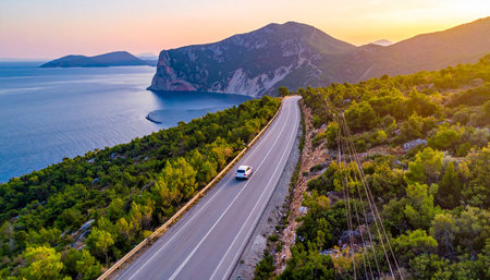 Car on the road in the mountains at sunset, Zakynthos, Greeceの素材