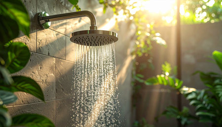 Shower head with water drops flowing in modern bathroom with sunlight.の素材