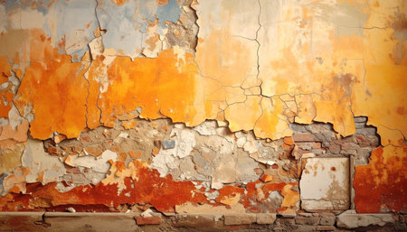 Texture of old rustic wall covered with yellow and orange stuccoの素材