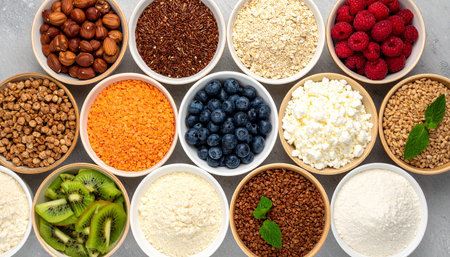 Healthy food selection in wooden bowls. Superfoods, cereal, cereals, berries, nuts and fruits.の素材