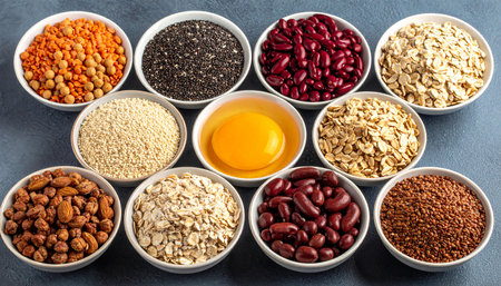 Superfoods containing fiber, natural sources of minerals, healthy lifestyle and nutritionの素材