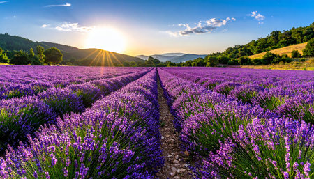 Sunset over lavender field in Provence, France.の素材
