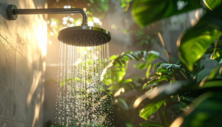 Shower head and green plants in the garden at sunset time.の素材