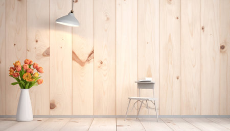 Wooden room with flower vase and chair. 3D renderingの素材