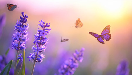 Lavender flowers and butterfly on the background of the setting sunの素材