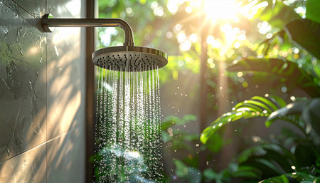 Shower head in the bathroom with green plants on the background.の素材