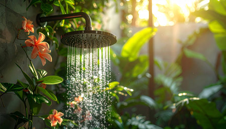 Shower in the garden with bokeh background, stock photoの素材