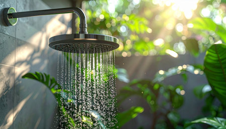 Shower head in the bathroom with green plants and sunlight background.の素材