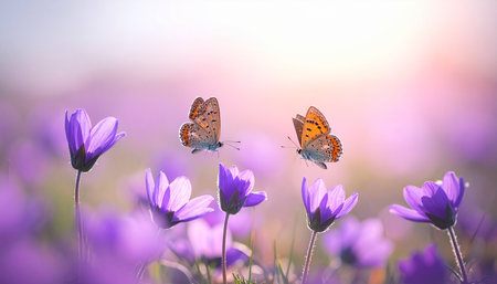 butterfly on purple flowers in the meadow. spring landscapeの素材