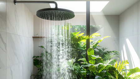 Shower in modern bathroom interior with green plants and sunlight. Nobody insideの素材