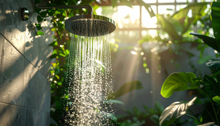 Shower in the garden with sunlight and bokeh background.の素材