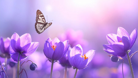 Butterfly on purple crocus flowers. Butterflies in the meadow.の素材