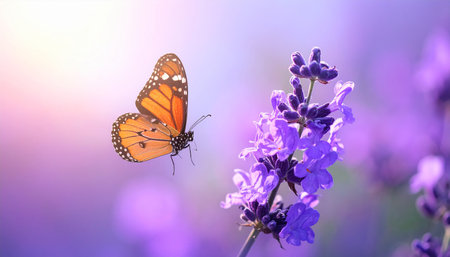 Beautiful butterfly on lavender flowers, close up. Nature backgroundの素材