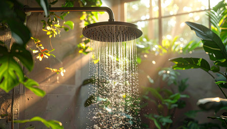 Shower with water drops in the green garden. Shower in the garden.の素材