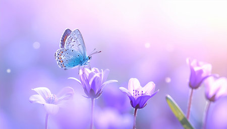 Butterfly on purple flowers. Floral spring background with butterfly.の素材