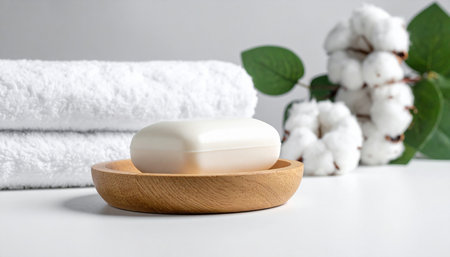 Soap in a wooden bowl on a white background with a towel and cotton flowers.の素材