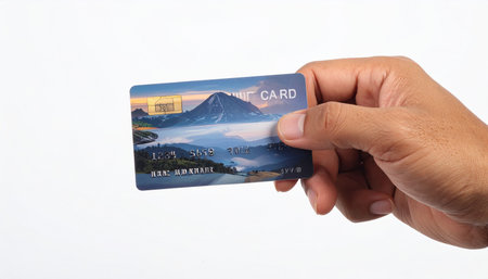 Hand holding a credit card isolated on white background with clipping path.の素材