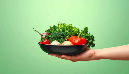 Fresh vegetables in a bowl in woman's hand on green background.の素材