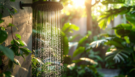 Shower in the garden with morning sunlight and bokeh.の素材