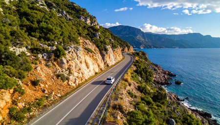 Car on the road in the mountains. Montenegro, Adriatic Seaの素材
