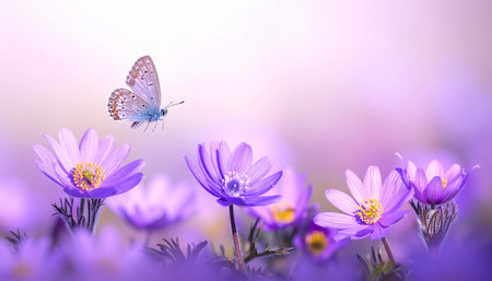 Butterfly on spring flowers. Spring background with purple flowers.の素材