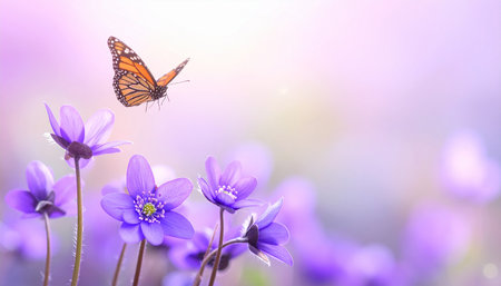 Beautiful spring landscape with flowers and butterfly. Photo with copy spaceの素材