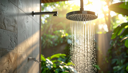 Shower head in the shower room with sunlightの素材