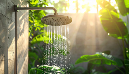 Shower head in the garden with sunlight and green nature background.の素材