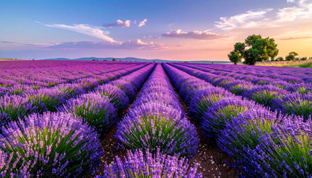 Sunset over lavender field in Provence, France.の素材