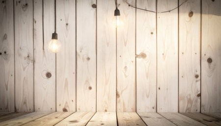 Wooden wall with light bulbs and wooden floor in front of itの素材