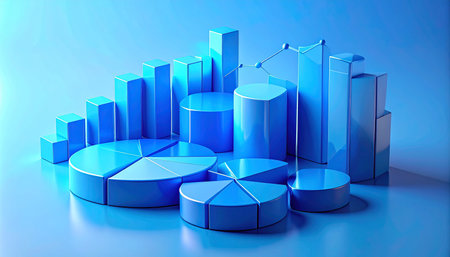 3d render of pie chart and bar graph in blue light backgroundの素材