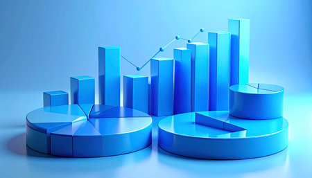 3d rendering of pie chart and bar graph in blue light backgroundの素材