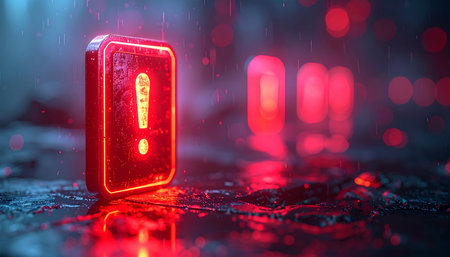 Exclamation mark on dark background with red lights. 3d illustrationの素材